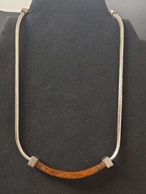 Women's Silver Necklace with Amber Brown Resin Accent